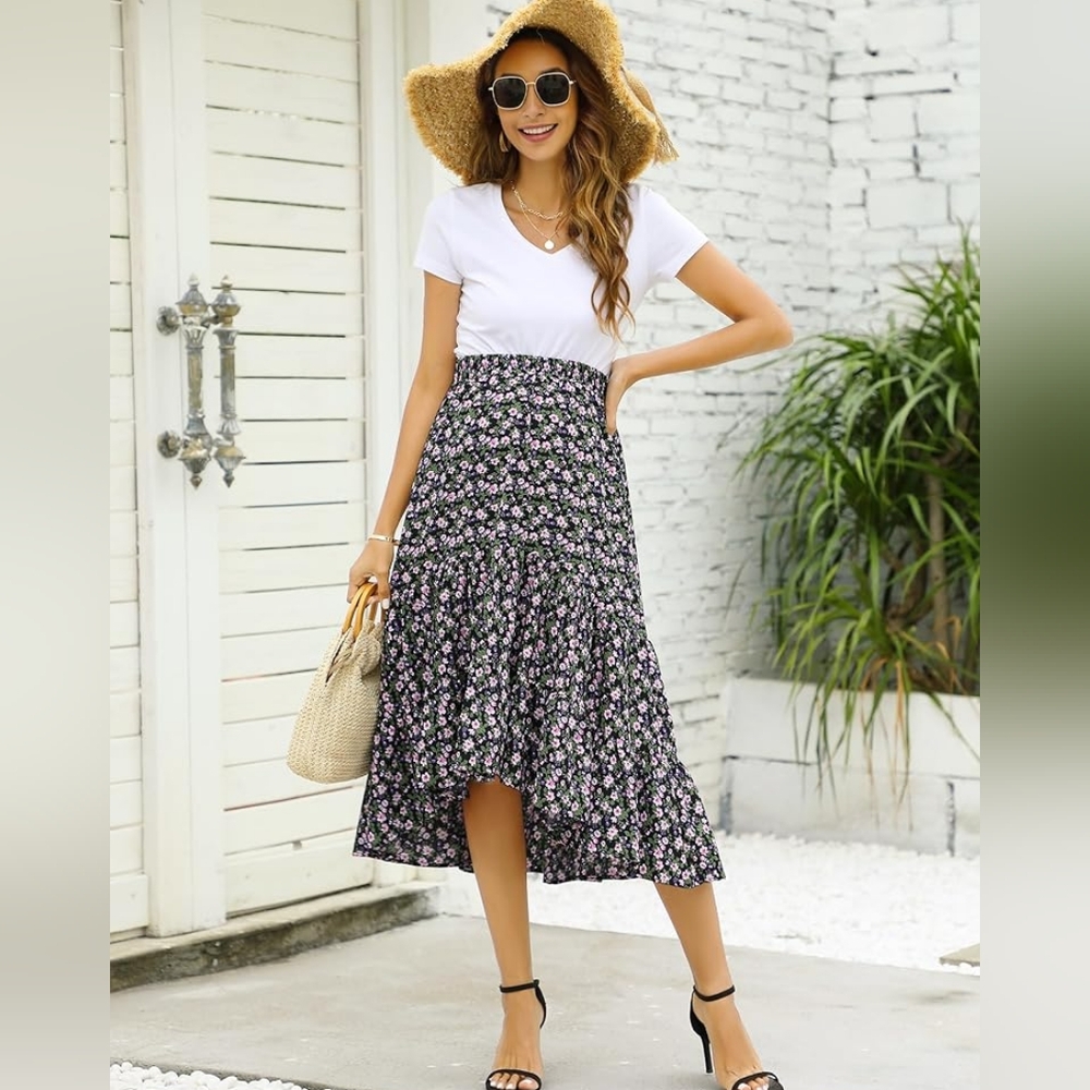 Maternity Dress Women's High Waist Floral Print Pleated Maxi Skirt Casual Flowy